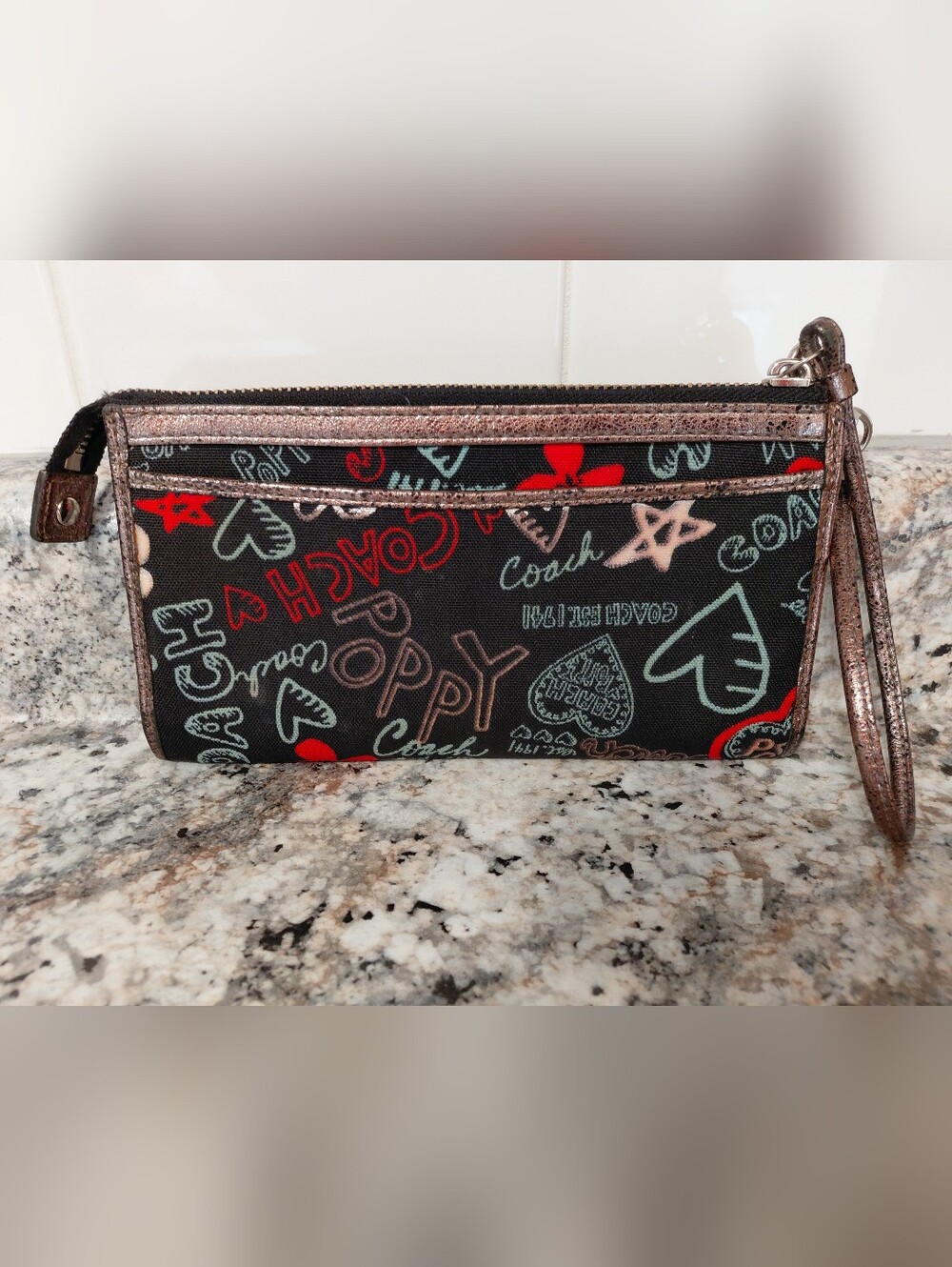Coach Poppy Black & Red Wristlet Wallet W/Bronze Trim - Picture 2 of 9
